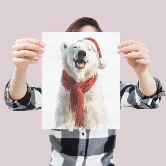 Watercolor Polar Bear with Red Scarf Portrait Wall Art Print Poster, Unframed - Picture 4 of 5